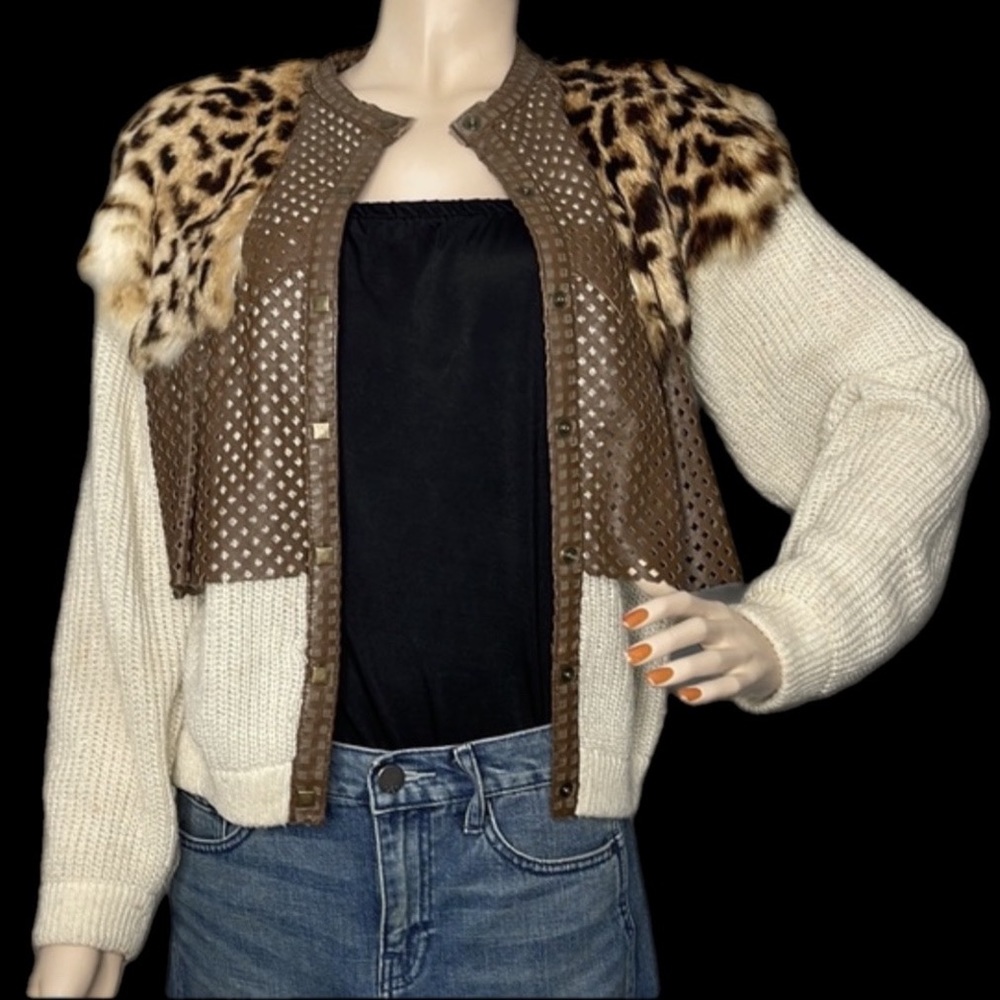 Vintage Leopard Print Fur and Leather Cardigan